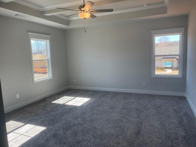 spare room with baseboards, a raised ceiling, a ceiling fan, crown molding, and carpet floors