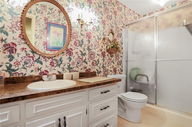 850 John Alden Rd, Stone Mountain, GA 30083 - full bath featuring wallpapered walls, vanity, a shower stall, toilet, and tile patterned flooring