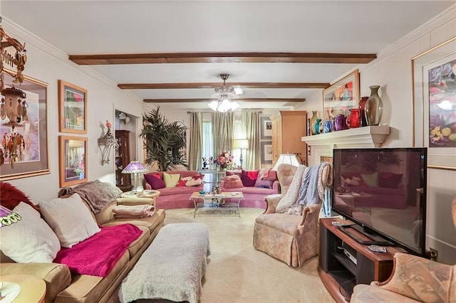 850 John Alden Rd, Stone Mountain, GA 30083 - carpeted living room with beamed ceiling, ornamental molding, ceiling fan, and a fireplace