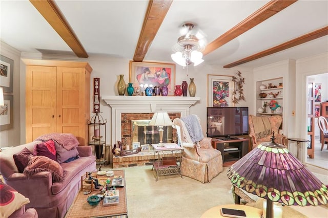 850 John Alden Rd, Stone Mountain, GA 30083 - carpeted living room featuring ceiling fan, beam ceiling, ornamental molding, a brick fireplace, and built in features