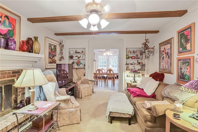 850 John Alden Rd, Stone Mountain, GA 30083 - living room featuring ceiling fan, beam ceiling, carpet floors, built in shelves, and a fireplace