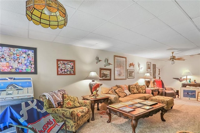 850 John Alden Rd, Stone Mountain, GA 30083 - living area with carpet, a ceiling fan, and a drop ceiling