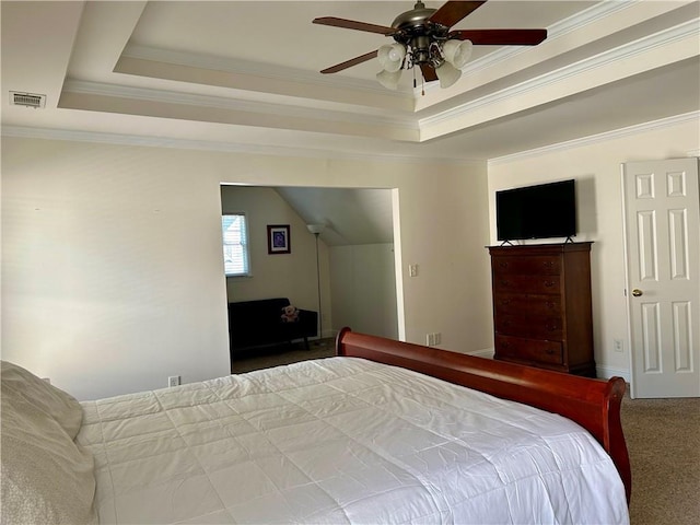 1055 Havenstone Walk, Lawrenceville, GA 30045 - bedroom featuring carpet flooring, a raised ceiling, crown molding, and ceiling fan