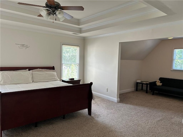 1055 Havenstone Walk, Lawrenceville, GA 30045 - bedroom featuring ornamental molding, a raised ceiling, light carpet, and ceiling fan