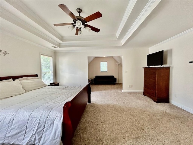 1055 Havenstone Walk, Lawrenceville, GA 30045 - bedroom featuring a tray ceiling, carpet, crown molding, and a ceiling fan
