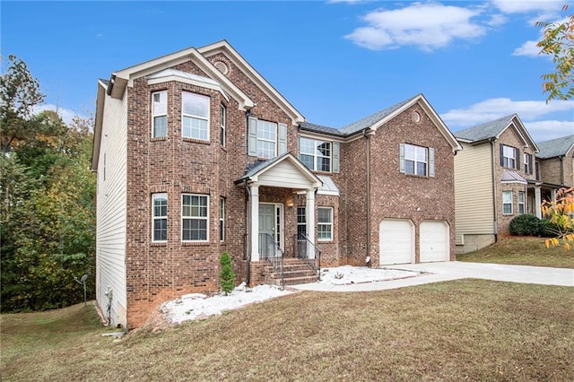 view of front of house featuring concrete driveway, brick siding, a garage, and a front lawn