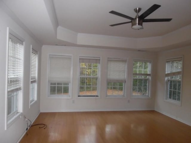 unfurnished sunroom with a raised ceiling and ceiling fan