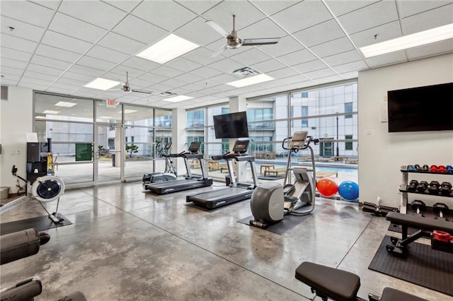 gym featuring floor to ceiling windows, a paneled ceiling, and ceiling fan