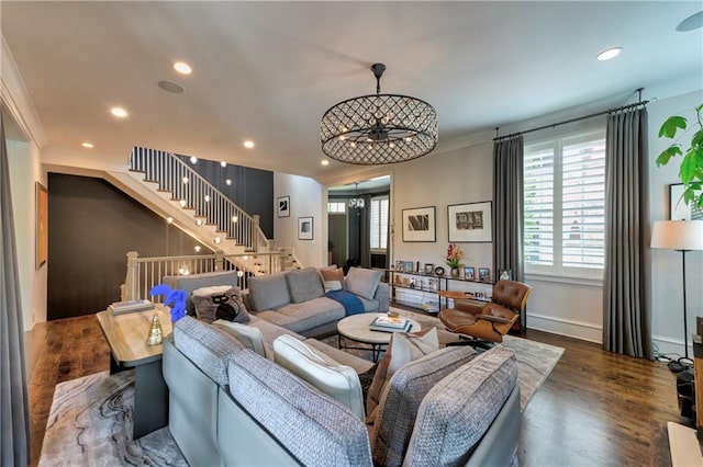201 Dovecrest Dr, Atlanta, GA 30305 - living room featuring ceiling fan, wood finished floors, recessed lighting, baseboards, and stairway