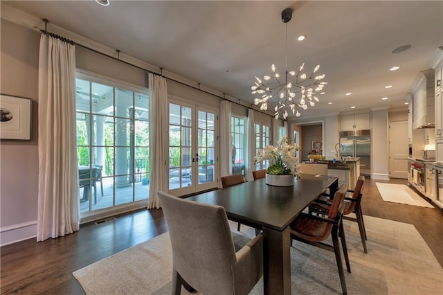 201 Dovecrest Dr, Atlanta, GA 30305 - dining area with french doors, a chandelier, recessed lighting, baseboards, and dark wood-type flooring