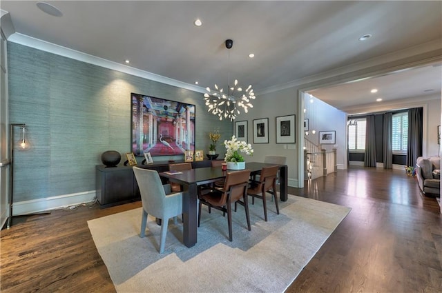 201 Dovecrest Dr, Atlanta, GA 30305 - dining space with ornamental molding, baseboards, a chandelier, dark wood-type flooring, and recessed lighting