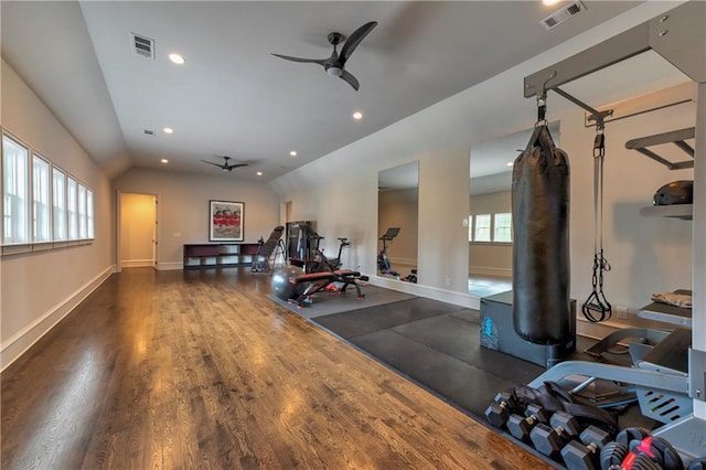 201 Dovecrest Dr, Atlanta, GA 30305 - exercise area featuring wood finished floors, a ceiling fan, vaulted ceiling, baseboards, and recessed lighting