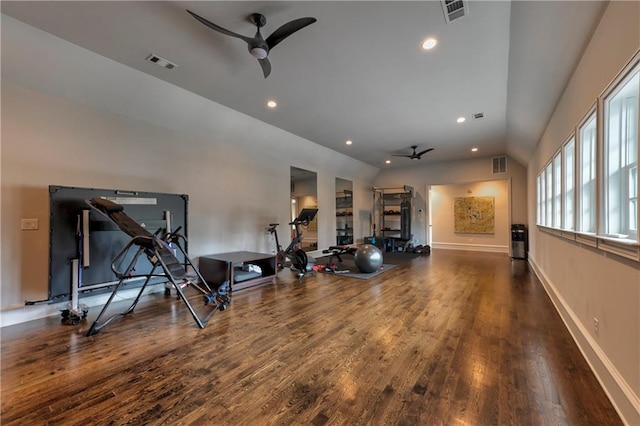 201 Dovecrest Dr, Atlanta, GA 30305 - workout area with a ceiling fan, wood finished floors, vaulted ceiling, recessed lighting, and baseboards