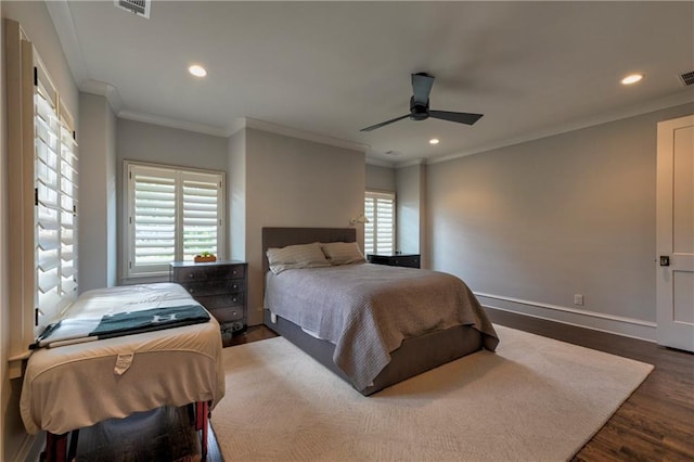 201 Dovecrest Dr, Atlanta, GA 30305 - bedroom with wood finished floors, crown molding, recessed lighting, a ceiling fan, and baseboards