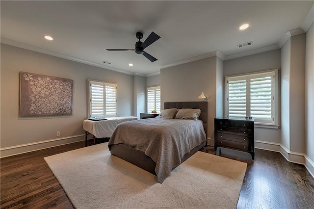 201 Dovecrest Dr, Atlanta, GA 30305 - bedroom featuring crown molding, dark wood finished floors, recessed lighting, baseboards, and ceiling fan