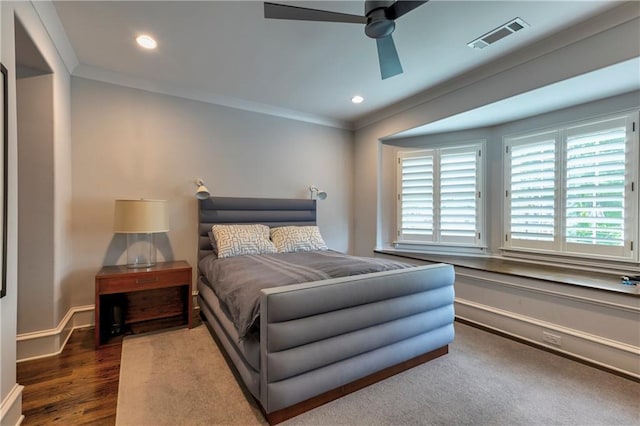 201 Dovecrest Dr, Atlanta, GA 30305 - bedroom featuring crown molding, baseboards, recessed lighting, a ceiling fan, and wood finished floors