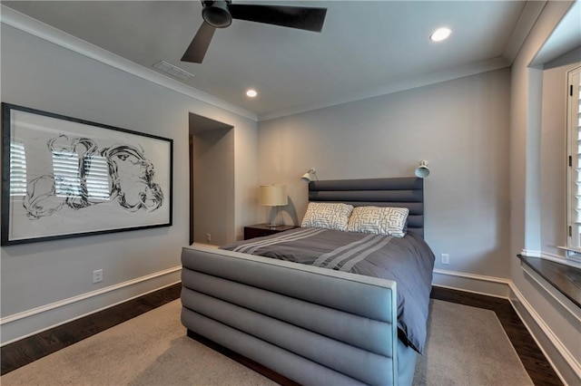 201 Dovecrest Dr, Atlanta, GA 30305 - bedroom with crown molding, wood finished floors, baseboards, ceiling fan, and recessed lighting