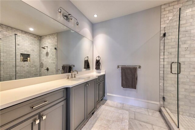 201 Dovecrest Dr, Atlanta, GA 30305 - full bath with vanity, marble look tiles, a stall shower, recessed lighting, and baseboards