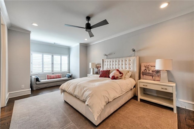 201 Dovecrest Dr, Atlanta, GA 30305 - bedroom featuring crown molding, wood finished floors, recessed lighting, baseboards, and ceiling fan