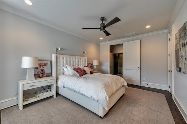 201 Dovecrest Dr, Atlanta, GA 30305 - bedroom featuring recessed lighting, crown molding, baseboards, a ceiling fan, and wood finished floors
