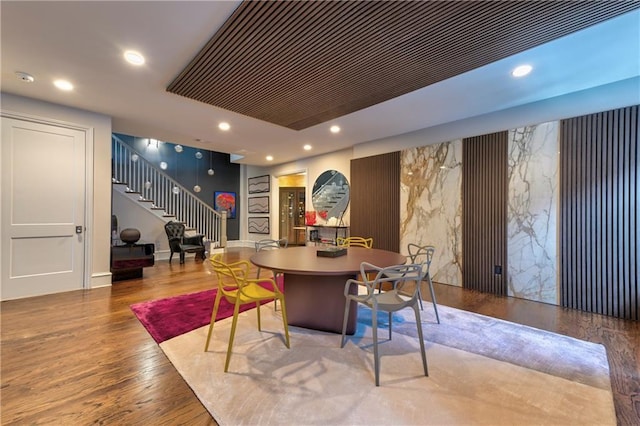 201 Dovecrest Dr, Atlanta, GA 30305 - dining area with stairway, recessed lighting, wood finished floors, and baseboards