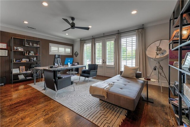 201 Dovecrest Dr, Atlanta, GA 30305 - home office with ornamental molding, ceiling fan, wood finished floors, recessed lighting, and french doors