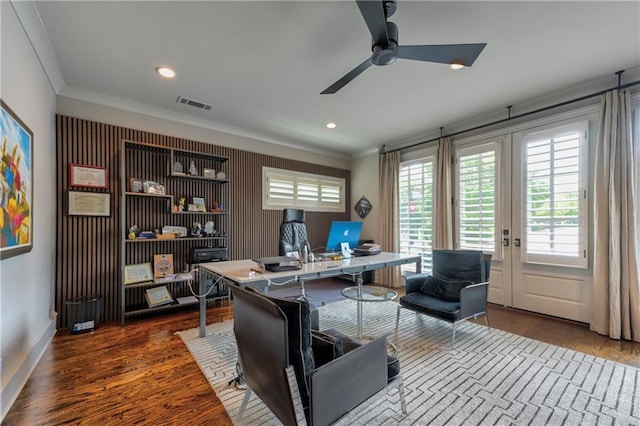 201 Dovecrest Dr, Atlanta, GA 30305 - home office with ornamental molding, ceiling fan, french doors, wood finished floors, and recessed lighting