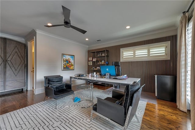 201 Dovecrest Dr, Atlanta, GA 30305 - office area featuring a ceiling fan, ornamental molding, wood finished floors, and recessed lighting