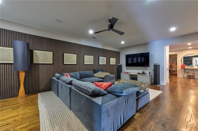 201 Dovecrest Dr, Atlanta, GA 30305 - living area with ceiling fan, wood finished floors, recessed lighting, and baseboards