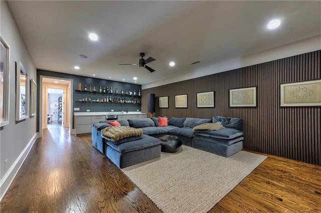 201 Dovecrest Dr, Atlanta, GA 30305 - living room featuring a bar, dark wood-type flooring, recessed lighting, and a ceiling fan