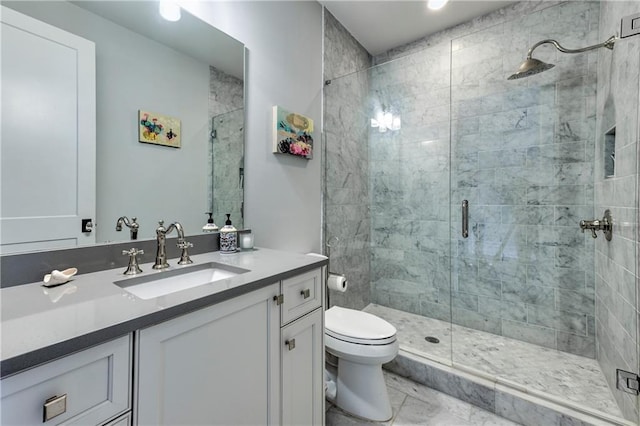 201 Dovecrest Dr, Atlanta, GA 30305 - full bathroom with a shower stall, toilet, vanity, and marble look tiles