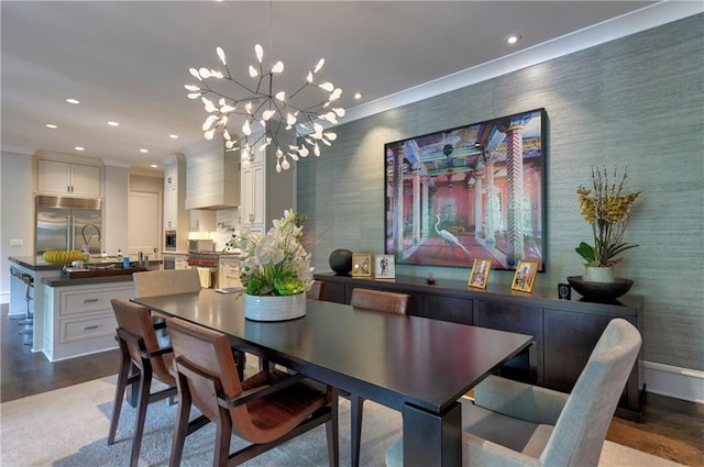 201 Dovecrest Dr, Atlanta, GA 30305 - dining area featuring recessed lighting, dark wood-style floors, baseboards, a chandelier, and crown molding