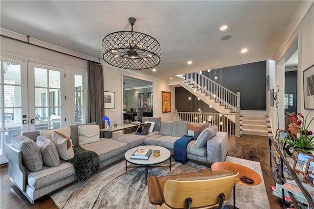 201 Dovecrest Dr, Atlanta, GA 30305 - living room with a ceiling fan, wood finished floors, recessed lighting, stairway, and ornamental molding