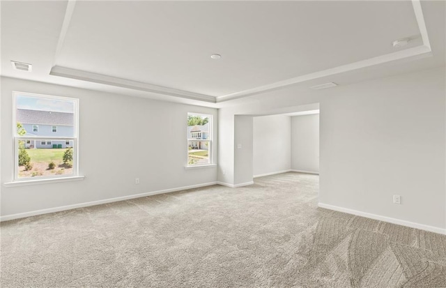 unfurnished room with light carpet and a tray ceiling