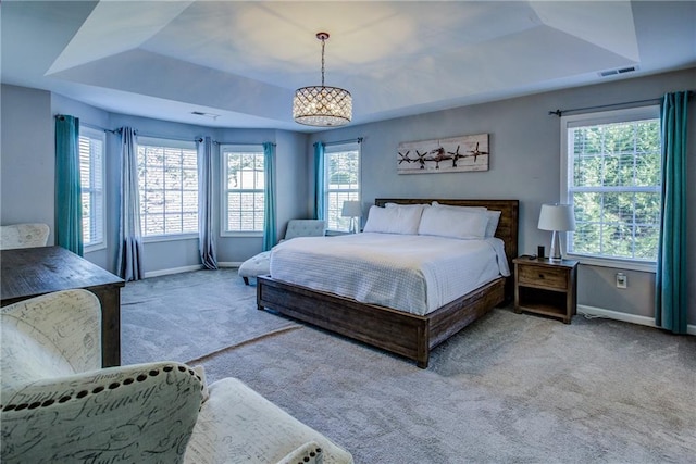 carpeted bedroom featuring multiple windows and a raised ceiling