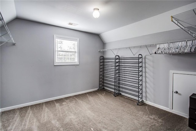 walk in closet featuring vaulted ceiling and carpet floors