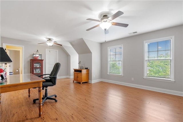 office featuring ceiling fan and light wood-type flooring