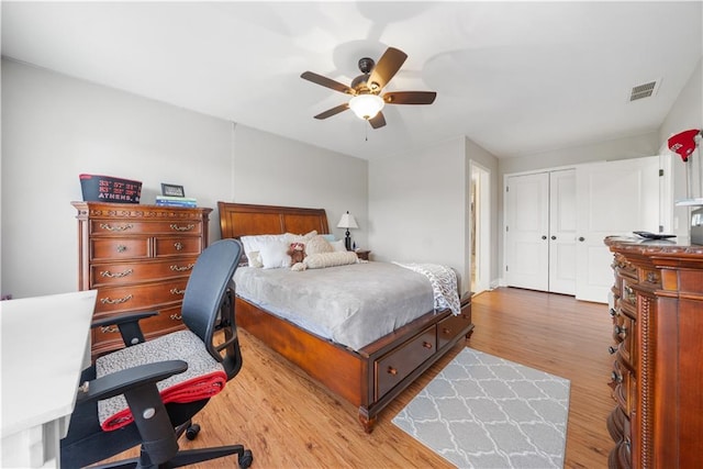 bedroom featuring ceiling fan, a closet, and light wood-type flooring