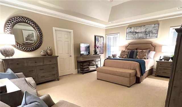 bedroom featuring crown molding, visible vents, and light colored carpet