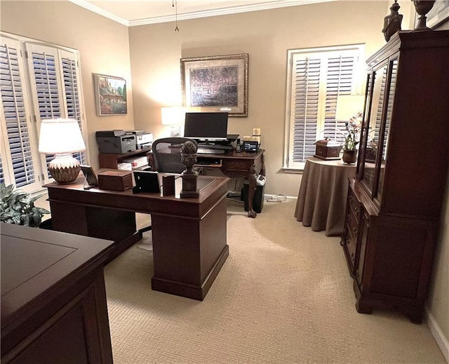 office space featuring crown molding, light colored carpet, and baseboards