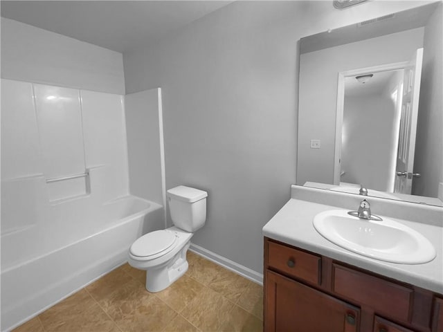 bathroom featuring visible vents, baseboards, toilet, shower / tub combination, and vanity