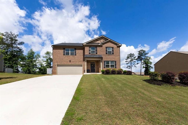 traditional-style house with an attached garage, driveway, brick siding, and a front lawn
