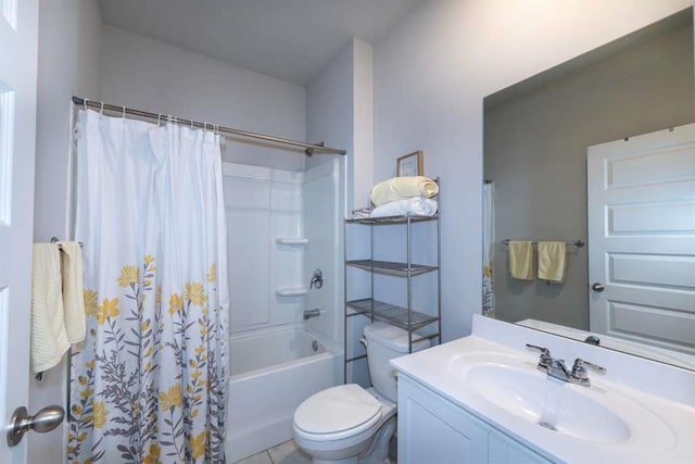 full bathroom with toilet, vanity, and shower / tub combo with curtain