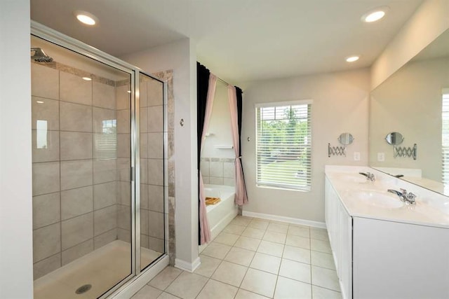 full bathroom featuring a stall shower, baseboards, tile patterned flooring, recessed lighting, and a bath
