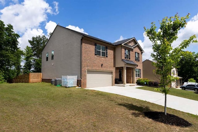view of front of home featuring a garage, central AC unit, concrete driveway, and brick siding