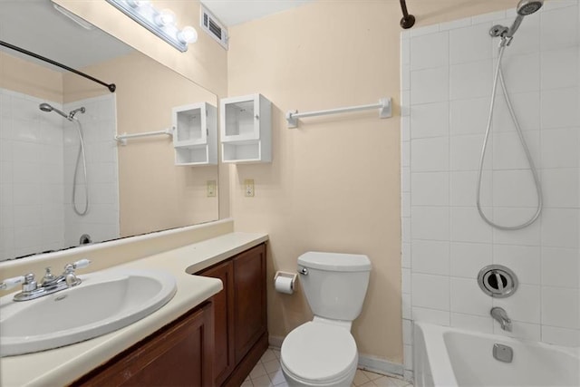 full bath featuring tub / shower combination, vanity, toilet, and visible vents