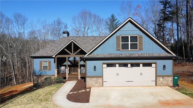 223 Deans Dr, Dawsonville, GA 30534 - view of front of property with concrete driveway, roof with shingles, board and batten siding, a garage, and a chimney