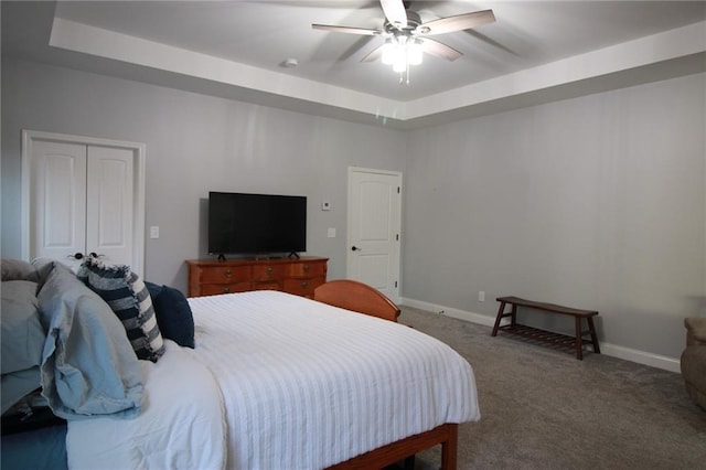 223 Deans Dr, Dawsonville, GA 30534 - bedroom featuring baseboards, carpet floors, ceiling fan, and a raised ceiling