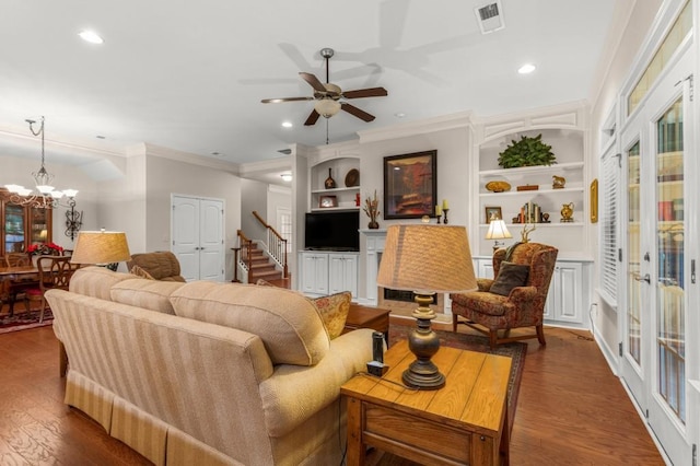 325 Rdg Hill Cir Unit 3, Marietta, GA 30064 - living area featuring ornamental molding, a chandelier, a ceiling fan, built in features, and recessed lighting