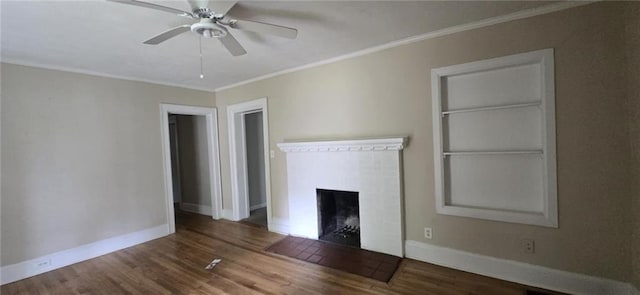 1516 Carter Rd, Decatur, GA 30032 - unfurnished living room featuring a ceiling fan, a fireplace, wood finished floors, baseboards, and ornamental molding